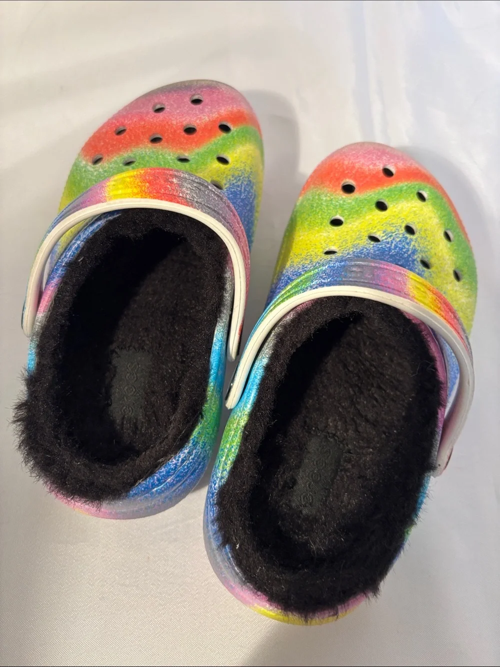CROCS Kids Rainbow Foam Clogs with Black Fleece Lining